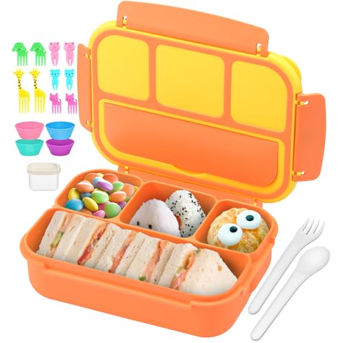 QQKO Bento Box for Kids Adults, School Toddler Lunch Box for Boys Girls, Lunch Box Containers with 4 Compartments, Sauce Container, Utensils, Food Picks and Muffin Cups for School, Orange Yellow - color: Orange Yellow