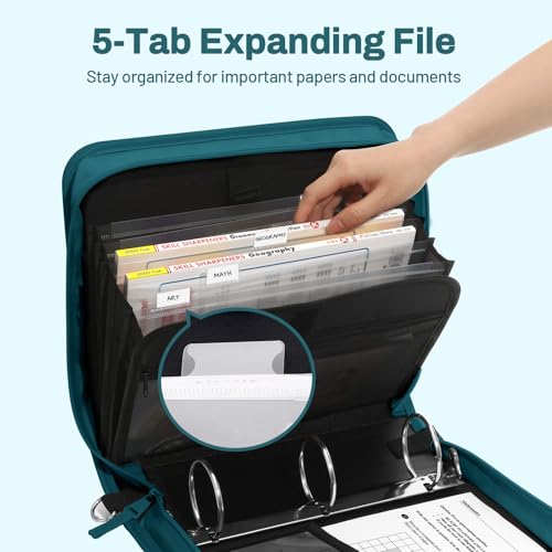 SUNEE Zipper Binder 3 Ring, 3 Inch O-Ring with Handle and Shoulder Strap, 600-Sheet Capacity, 5-Tab Expanding File Folder, Multi-Pockets for Middle School Organizer Binder with Zipper, Dark Teal-Green - color: Dark Teal-green