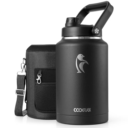 Coolflask Titan Gallon Water Bottle Insulated, 128 oz Water Jug Stainless Steel Leakproof with Large Handle Spout Lid & Carrying Sleeve, Wide Mouth Metal Flask for Sports, Camping, Magic Black - color: Magic Black, size: 128 Ounces