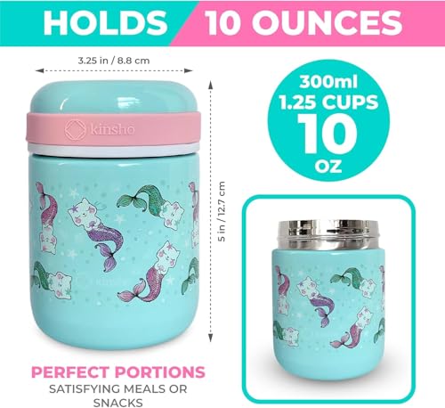 Bento Box with Stainless Steel Food Thermo for Hot Food or Soup, Insulated Lunch Bag, and Ice Pack Set for Kids Girl Toddlers. Ages 3 to 7 Pink Aqua Cat Mermaid - color: Cat Mermaid