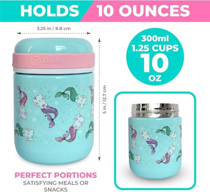 Bento Box with Stainless Steel Food Thermo for Hot Food or Soup, Insulated Lunch Bag, and Ice Pack Set for Kids Girl Toddlers. Ages 3 to 7 Pink Aqua Cat Mermaid - color: Cat Mermaid