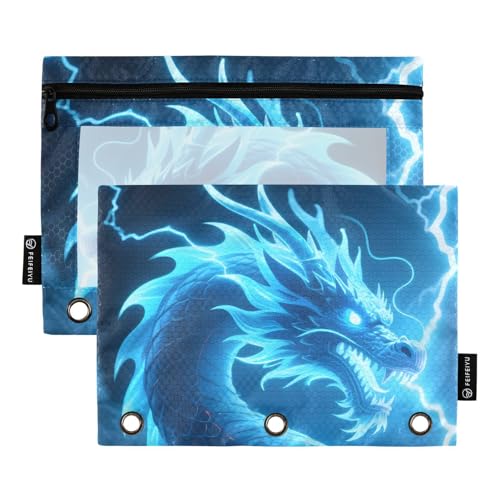Pencil Pouch for 3 Ring Binder, Dragon Blue Lightning Large Pencil Case Clear Window Pen Bag, Zipper Binder Pouch Accessories for Office School Supplies, 2 Pack - color: A012, size: 9.84 x 7.08 x 0.19 in