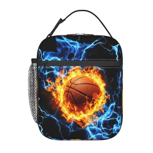 Miaoquhe Fire Basketball Lunch Box for Kids Boys Girls Teens Sports Ball Reusable Lunch Bag for Men Women Blue Lightning Insulated Lunch Tote Portable Cooler Meal Bags for School Office Travel Picnic - color: Fire Basketball, size: 10x4x8 Inch