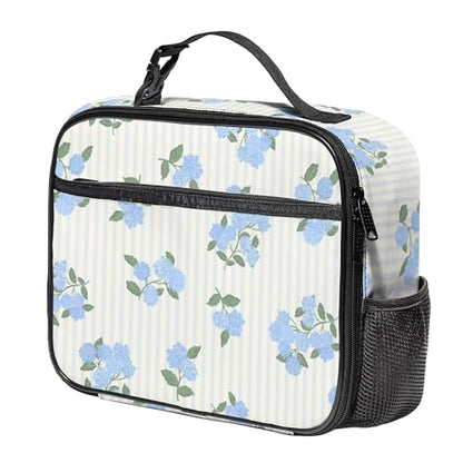 WOBAGMEN Large Lunch Box, Insulated Reusable Lunch Bag with Water Bottle Holder Portable Waterproof Leakproof Lunch Tote Bag Cute Lunch Box(Hydrangea Stripe) - color: Hydrangea Stripe