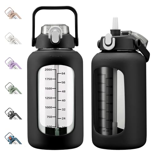 84oz Glass Water Bottle with Straw, 2.5 Liter Large Water Bottle with Silicone Sleeve and OZ Marker, Wide Mouth Gallon Glass Bottle with 2-in-1 Lid, Leakproof Water Jug for Gym Home, Black - color: Black, size: 84 Ounces