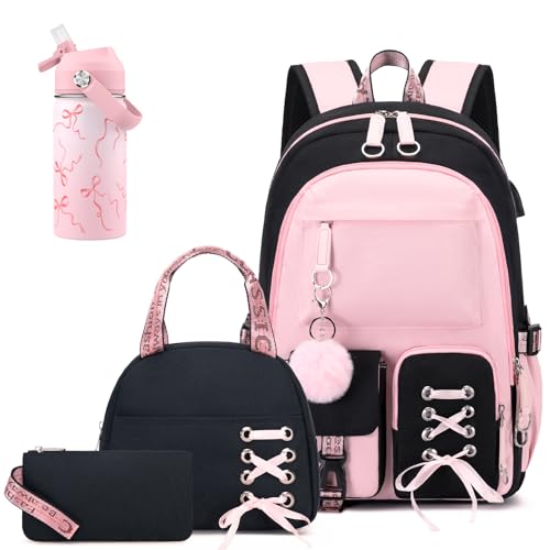 ACESAK Kids School Backpack for Girls, 4-In-1 Bookbag Backpack Set with 14OZ Insulated Kids Water Bottle, Lunch Bag Set for Girls Kid Teens Middle School Student, Girl Backpacks for Schools - color: Black-pink