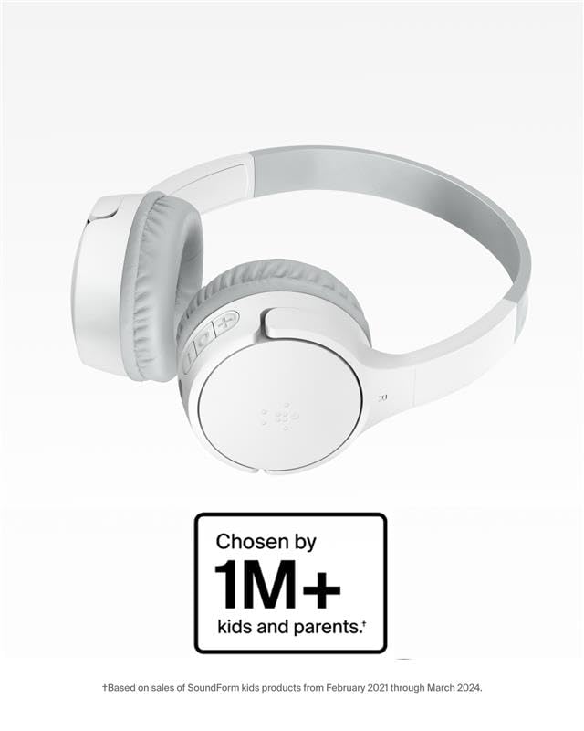 Belkin SoundForm Mini - Wireless Bluetooth Kids Headphones, 30H Battery, 85dB Safe Volume Limit, Built-in Microphone - Toddler On-Ear Earphones for iPhone, iPad, Fire Tablet, Ideal for School - White - color: White, style: Wireless (USB-C)