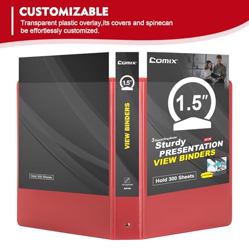 COMIX 3 Ring Binder 1.5 inch with Clear View Cover, 1.5" View Binder Holds 300 Sheets of US Letter Size Paper, 6 Pack (Red) - color: Red, size: 1.5 inch, style: 6-Pack