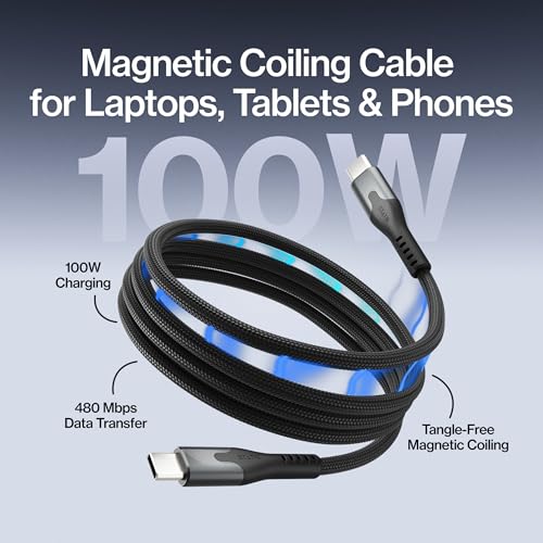 Statik MagStack Pro USB C to USB C Coiling Magnetic Charging Cable,100W | Nylon Braided Tangle-Free Design, Magnetic Coiling, Data Transfer, Compatible with iPhone & Android, 6FT Black, 5 Pack - color: Black, size: 6ft (5 Pack), style: USB-C to USB-C