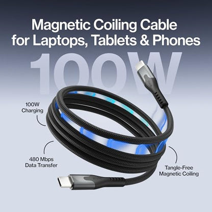 Statik MagStack Pro USB C to USB C Coiling Magnetic Charging Cable,100W | Nylon Braided Tangle-Free Design, Magnetic Coiling, Data Transfer, Compatible with iPhone & Android, 3FT Black - color: Black, size: 3ft, style: USB-C to USB-C
