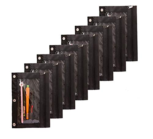 Zippered Binder Fabric Pencil Pouch | 3 Rings with Clear Window for School Classroom Organizers 8 pack (Black) - color: Black