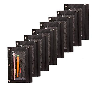 Zippered Binder Fabric Pencil Pouch | 3 Rings with Clear Window for School Classroom Organizers 8 pack (Black) - color: Black