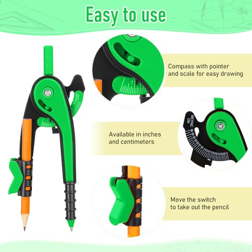 Zonon 2 Pcs Student Protractor and Compass, Student Geometry Math Set Drawing Compass and 180 Degree 6 Inch Protractor with Swing Arm for Drawing Measuring School Office (Green) - color: Green
