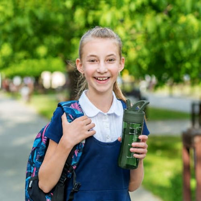 14oz Clear Kids Water Bottle with Straw Lid, BPA-Free Tritan, Measurement Scale, Sturdy Handle Wide Mouth Leak-proof Reusable Plastic Bottle for Boy& Girls, Back to School（Army Green） - color: Army Green