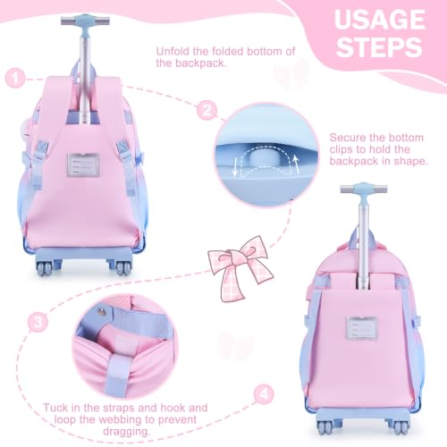 Bevalsa Rolling Backpack for Girls, Roller Backpack with Wheels, Cute Bow Wheeled School Bookbag Set with Lunch Bag & Pen Case, Suitcases for Kids Teens Elementary Middle Student (Pink Blue) - color: Pink Blue