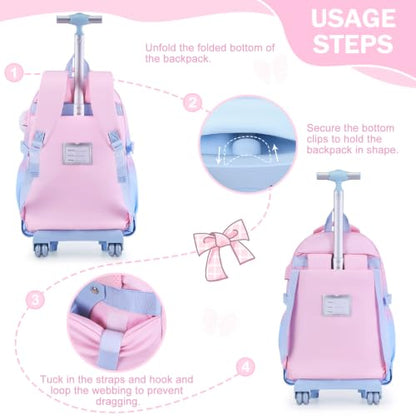 Bevalsa Rolling Backpack for Girls, Roller Backpack with Wheels, Cute Bow Wheeled School Bookbag Set with Lunch Bag & Pen Case, Suitcases for Kids Teens Elementary Middle Student (Pink Blue) - color: Pink Blue