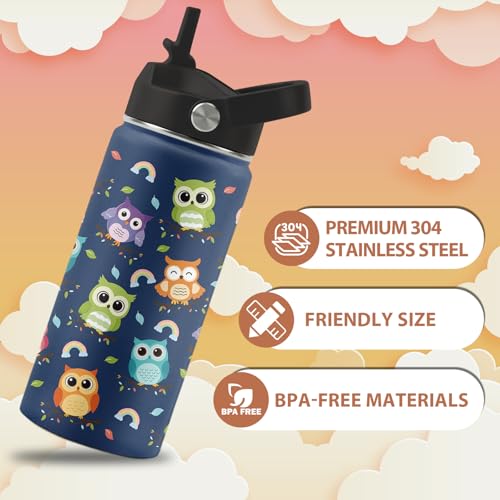 Owl Gifts, 16 oz Water Bottle with Straw Lid, Owl Water Bottle, Stainless Steel Insulated Tumbler, Cute Animals Cups Gifts for Birthday Christmas - color: Owl
