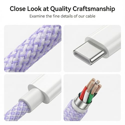 USB C to C Charger Cable, 60W, 3FT, 2-Pack, Purple | Fast Charging, Braided Nylon, for iPhone 17/16/15, MacBook iPad, Galaxy S25/S24 - color: Purple, size: 3FT+3FT