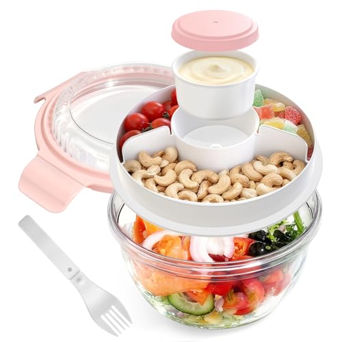 WHALEHOUSE Clear Eco-friendly SK chemicals ECOZEN Salad Container, 33OZ Portable Plastic Salad Bowls with Lid & Snack Tray, Leak-Proof Dressing Container, Reusable Fork, Lunch Box for Meal Prep (Pink) - color: Pink