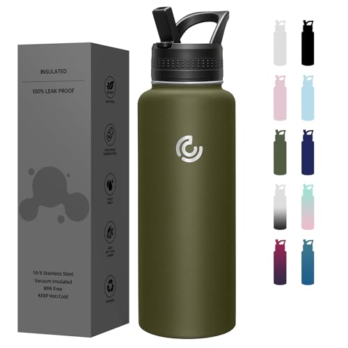 COKTIK 40oz Sports Water Bottle, Stainless Steel Water Bottle for Insulated, Reusable Travel Bottle, With Straw, With Handle Grip for Easy Carrying, Suitable for Cycling, Outdoor Vacations(Army Green) - color: Army Green, size: 40 Ounces