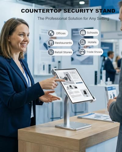 Heavy-Duty iPad Kiosk Stand with Lock and Key Mechanism, Anti Theft Desktop Tablet Security Stand, Fits 9-14" Tablets, 360° Rotation Retail POS Tablet Stand for Business & Commercial Use