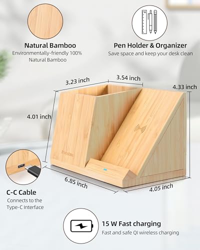 3-in-1 Bamboo Wireless Charger with Desk Organizer, Bamboo Pen Holder for Desk, 15W Fast Wireless Charger with Pen Holder for Home Office Supplies, Compatible with iPhone and Samsung - color: Bamboo
