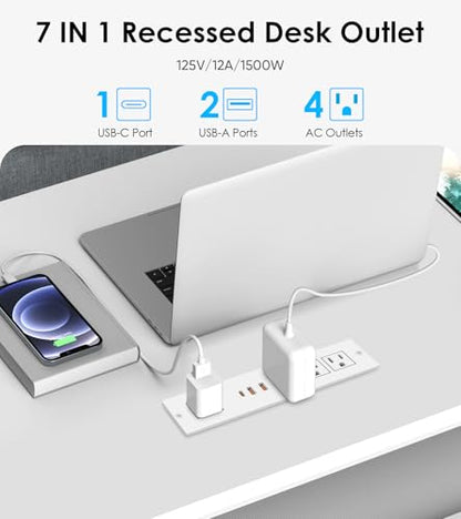 Recessed Power Strip with PD 20W USB-C, Flush Mounted Drawer Outlet, 4 Outlets & 3 USB Ports, Conference Desktop Built in Power Strip, 6FT Extension Cord(White) - size: 6FT, style: 20W-2A1C-White