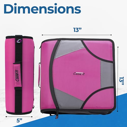Case-it King Sized Zip Tab School Zipper Binder | 4-Inch D-Rings, 800 Sheet Capacity, 5-Subject Expanding File Folder, Multiple Pockets & Storage Organizer, Shoulder Strap | D-186 Magenta | 4 Pack