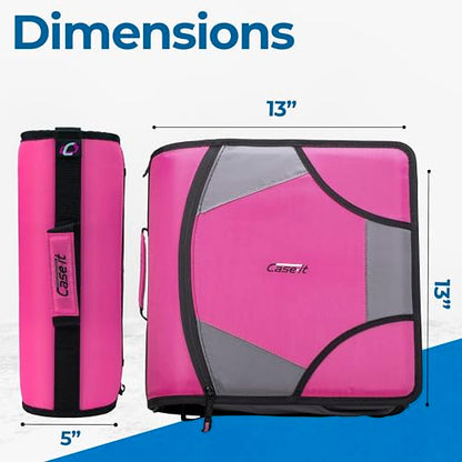 Case-it King Sized Zip Tab School Zipper Binder | 4-Inch D-Rings, 800 Sheet Capacity, 5-Subject Expanding File Folder, Multiple Pockets & Storage Organizer, Shoulder Strap | D-186 Magenta | 4 Pack