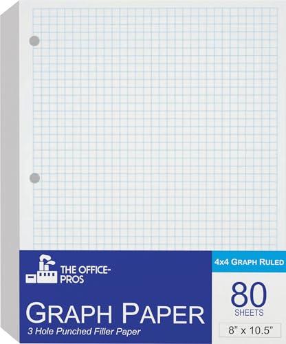 Graph Filler Paper, 4 x 4 Quad Graph Paper, Loose Leaf Paper, 3 Holed Punches Paper, Ring Binder Paper - 8" x 10.5" - Graph Paper - 80 Sheets - size: Graph Paper