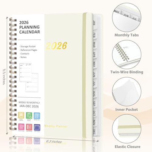2026 Planner, Weekly and Monthly Calendar Planner Agenda, Jan 2026 - Dec 2026, Planning Academic Book, Office Desk Accessories and School Supplies - A5 (6.3'' x 8.5'') - color: A-Beige