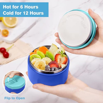 HOMEKOL Bento Lunch Box Set for Kids, Blue | with Stainless Steel Insulated Food Jar, Plastic Water Bottle, Bag and Silicone Spoon and Fork for Boys Girls - color: Blue