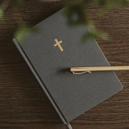 Sweet Water Decor Bible Study Journal with Ribbon Bookmark, Notebook for Church Sermon Notes, 112 Ruled Pages for Writing, Grey Fabric Hardcover with Gold Foil, Christian Gift for Women - style: Bible Study