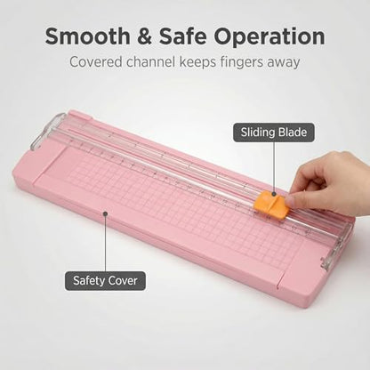 Paper Cutter, Pink Sliding Blade Trimmer with Clear Ruler and Grid Base for Cardstock, Photos, and Craft Projects, Compact Desktop Tool, 1 Pack