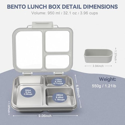 Stainless Steel Bento Box for Kids, 3-Compartment Metal Lunch Box with Clear Lid & Removable Silicone, Lunch Box Kids with Silicone Inner Container for Meal Prep, School, Office (Grey) - color: Grey