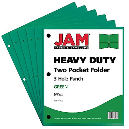 JAM PAPER Heavy Duty Plastic 3 Hole Punch Pocket Folders - Extra Tough School Folders - Green - 6/Pack - color: Green, size: 6 Per Pack