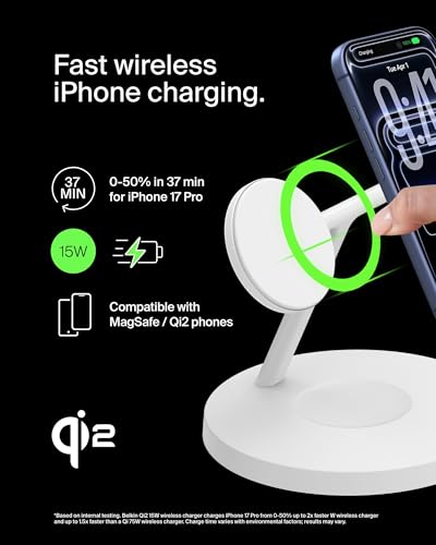 Belkin MagSafe-Compatible iPhone Charger, 3-in-1 Wireless Charging Station, Qi2-Certified 15W Wireless Charge for Apple iPhone 17 Series, Apple Watch, AirPods w/Non-Slip Base, 40W Included - White - color: White, style: Matte Finish
