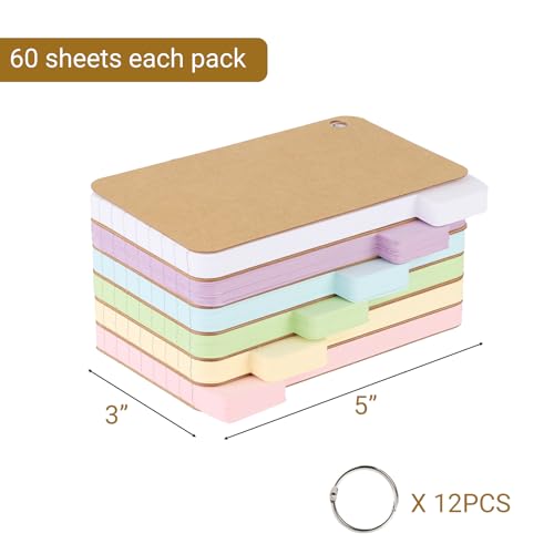 zmybcpack 12 Pack 720 Pcs 3x5 Inches Tabbed Index Cards, Colorful Flash Cards with 12 Binder Rings, Ruled Index Cards Lined Note Cards for Study, School,Office Home - size: 3x5 lined (720pcs tabbed)
