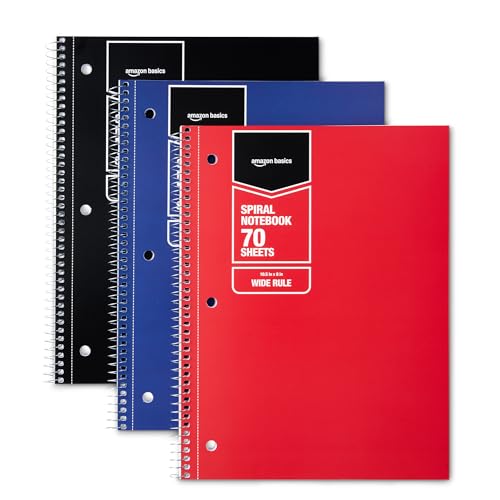 Amazon Basics Wide Ruled Spiral Notebooks, 70 Sheets, 7-1/2" x 10-1/2", Perforated, Assorted Primary Solid Colors, 3 Pack - color: Assorted Primary Colors, style: Wide Ruled 210 Sheets