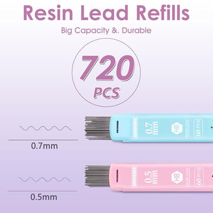 Aesthetic School Supplies with Cute Pencil Case, 12x Pastel Mechanical Pencils 0.5 & 0.7mm with 720x HB Leads, 4x Erasers and 1x Sticky Note, Suitable for Writing, Drafting Drawing Sketching(purple) - color: Purple