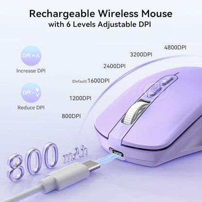 TECKNET Wireless Mouse Jiggler, Rechargeable Mouse with Built-in Mouse Mover, 6 Adjustable DPI & 14 LED Modes, Silent Click, Undetectable Random Movement Keeps Computer Awake for Laptop/PC/Mac- Purple - color: Purple