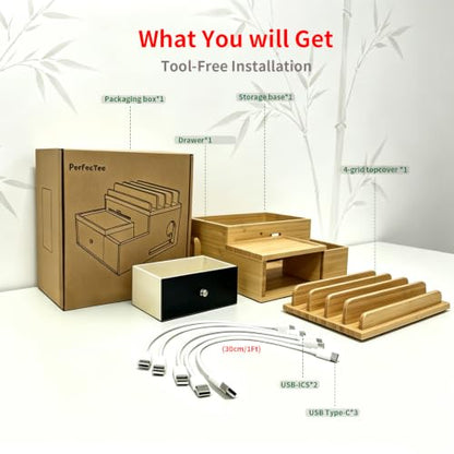 Bamboo Charging Station Organizer with 5-Cables, No USB Charger | for Multi-Devices, with Drawer and Pen Holder, Nightstand Desk Charging Stations Organizer for Cell Phone, Tablet, Etc