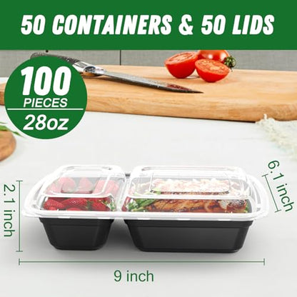 Dealusy 50 Pack (100-Piece) 28 oz Meal Prep Containers Reusable with Lids 2-Compartment, Sturdy Leakproof Food Safe, Microwave Freezer Dishwasher Safe, To Go Take Out Plastic Food Storage, Black - color: Black