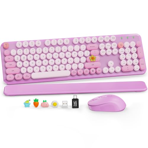 Wireless Keyboard and Mouse Combo, Round Keycaps, Full-Size Retro Typewriter Keyboard with Magnetic Wrist Rest, Tilt Legs, 2.4GHz Cordless Connection for Mac/Windows/PC, SABLUTE CK23, Lavender Purple - color: Lavender Purple