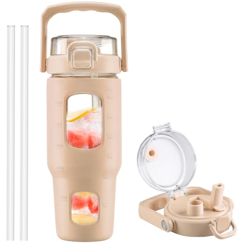 BLUEGO 32oz Glass Water Bottle with Handle and Straw|Leakproof Sports Glass Bottle with Time Marker and Silicone Sleeve|Glass Drinking Bottle for Travel, Gym, Workout, Amber - color: Amber, size: 32 Ounces