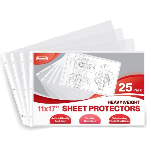 Dunwell 11x17 Sheet Protectors Landscape - (25 Pack, Heavyweight), 11 x 17 Ledger Size Plastic Sleeves, 3 Hole Punched, Fits 3-Ring Binders, Clear Heavyweight Acid-Free Poly