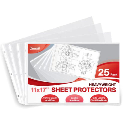Dunwell 11x17 Sheet Protectors Landscape - (25 Pack, Heavyweight), 11 x 17 Ledger Size Plastic Sleeves, 3 Hole Punched, Fits 3-Ring Binders, Clear Heavyweight Acid-Free Poly