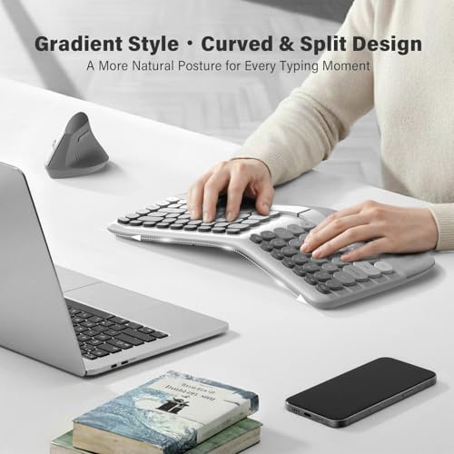 MOFII Wireless Ergonomic Keyboard & Mouse Combo – Split Curved Keyboard with Wrist Rest (All-Day Comfort) + Wireless Vertical Ergonomic Optical Mouse, Compatible with PC/Laptop/Desktop - color: White