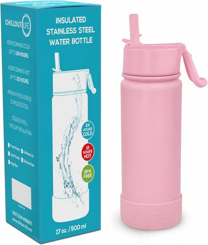 CHILLOUT LIFE 17oz Kids Insulated Stainless Steel Water Bottle with Leak Proof Straw Lid & 144 Stickers - color: Blush Pink, style: 17 oz