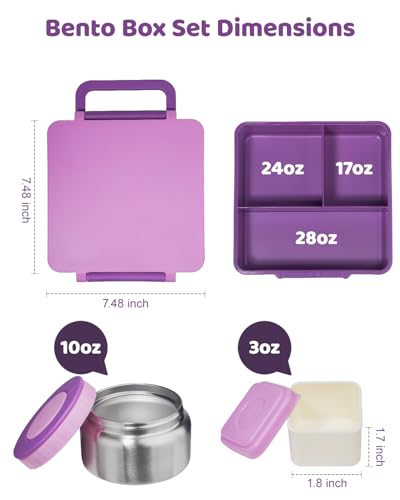 SOHIDA Bento Box with 10oz Soup Thermo: Kids Leakproof Lunch Box with 3 Compartments - Dishwasher Safe and BPA-Free - Vacuum Insulated Food Jar Suitable for Kids Back to School, Travel - Purple - color: Purple